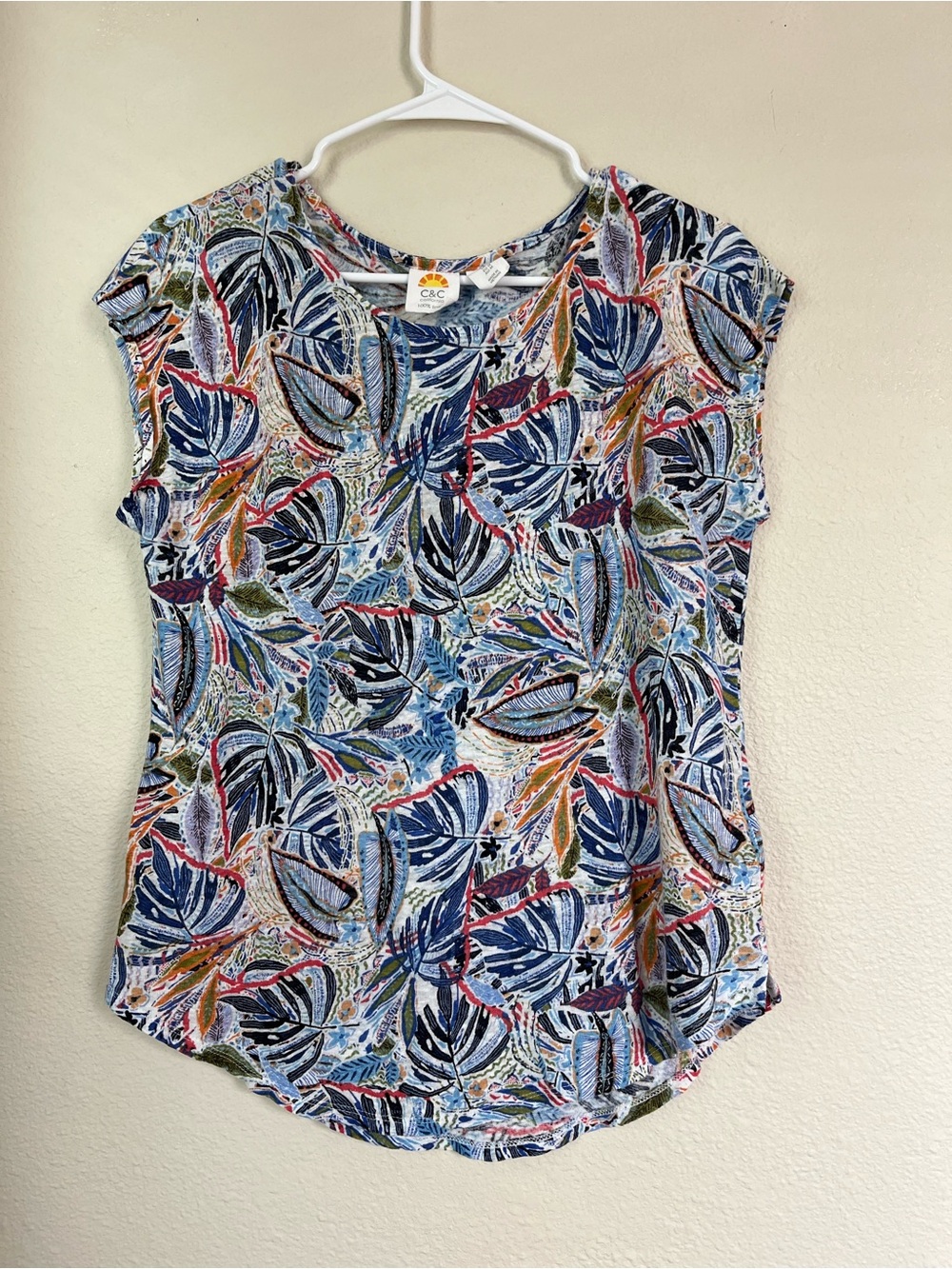 C&C California 100% Linen Tropical Leaf Print Top Size M Coastal Boho Resort